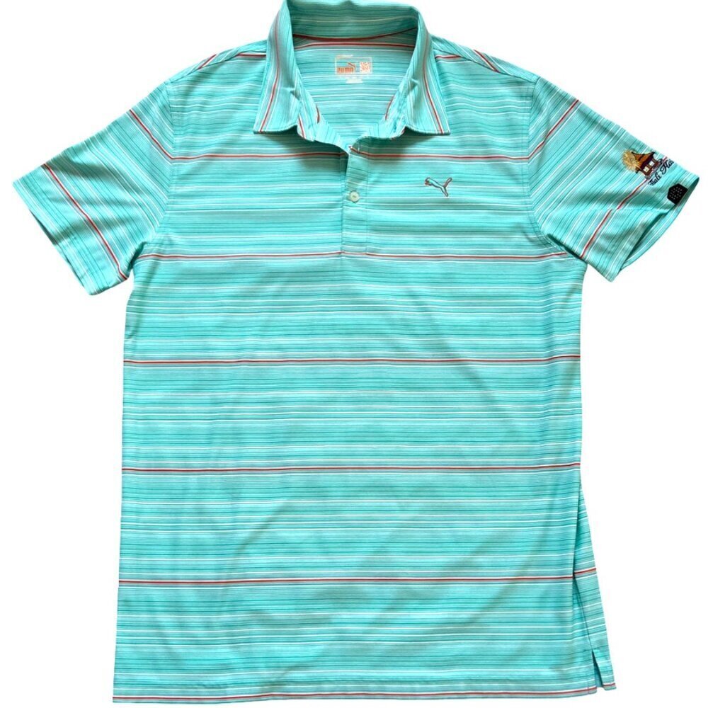 Puma Golf Polo Shirt Men's L Aqua Blue Striped T-Shirt Embroidered Bali Hai Logo